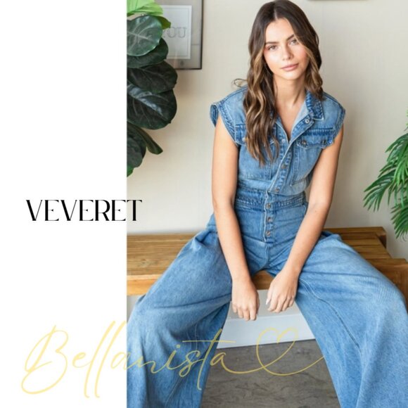 Veveret Pants - J777 VEVERET Denim Button Up Snap Wide Leg Sleeveless Jumpsuit